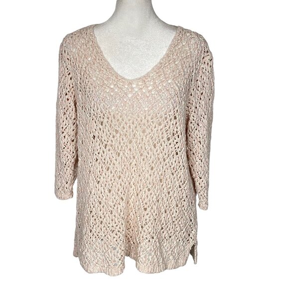 J JILL Women Crochet Pullover Sweater 3/4 Sleeve V Neck Sz L Light Pink Casual - Picture 1 of 13